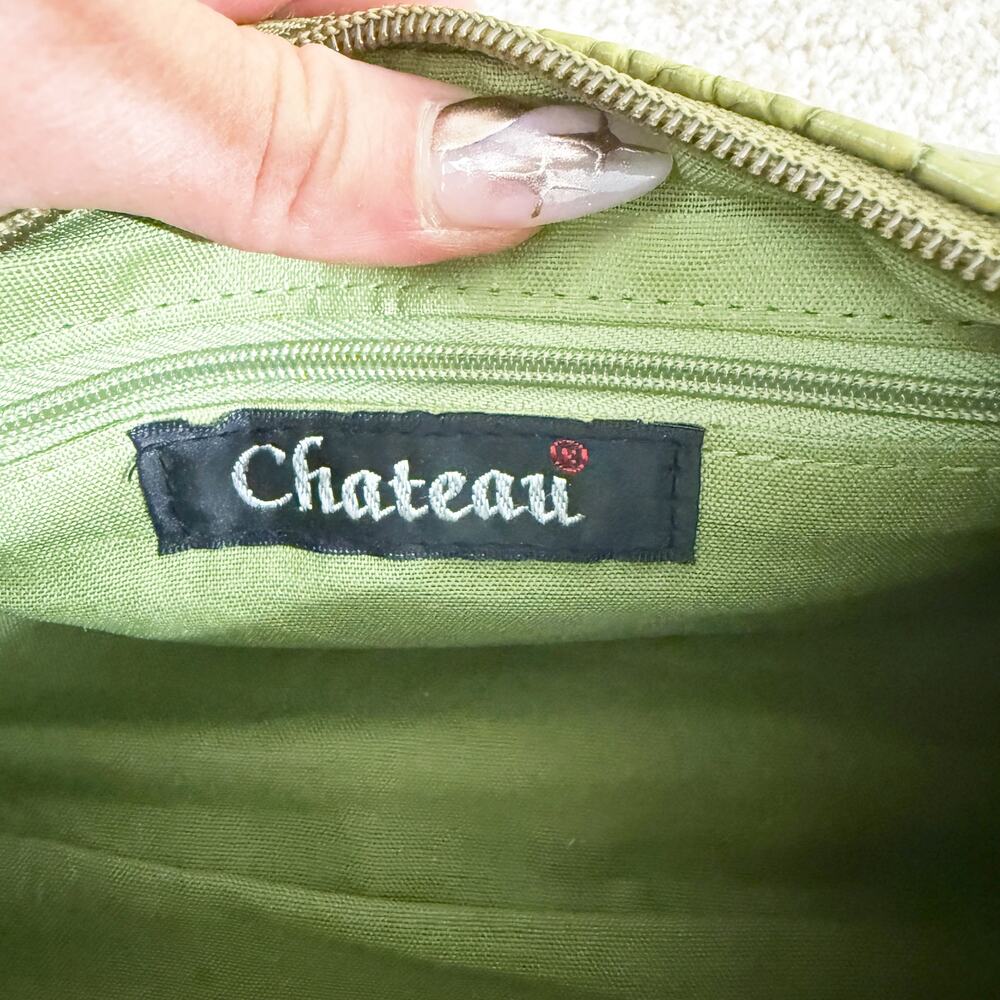 Vintage Y2K Chateau Olive Green Faux Leather Mini Barrel Bag Zip Top EUC - Picture 7 of 9